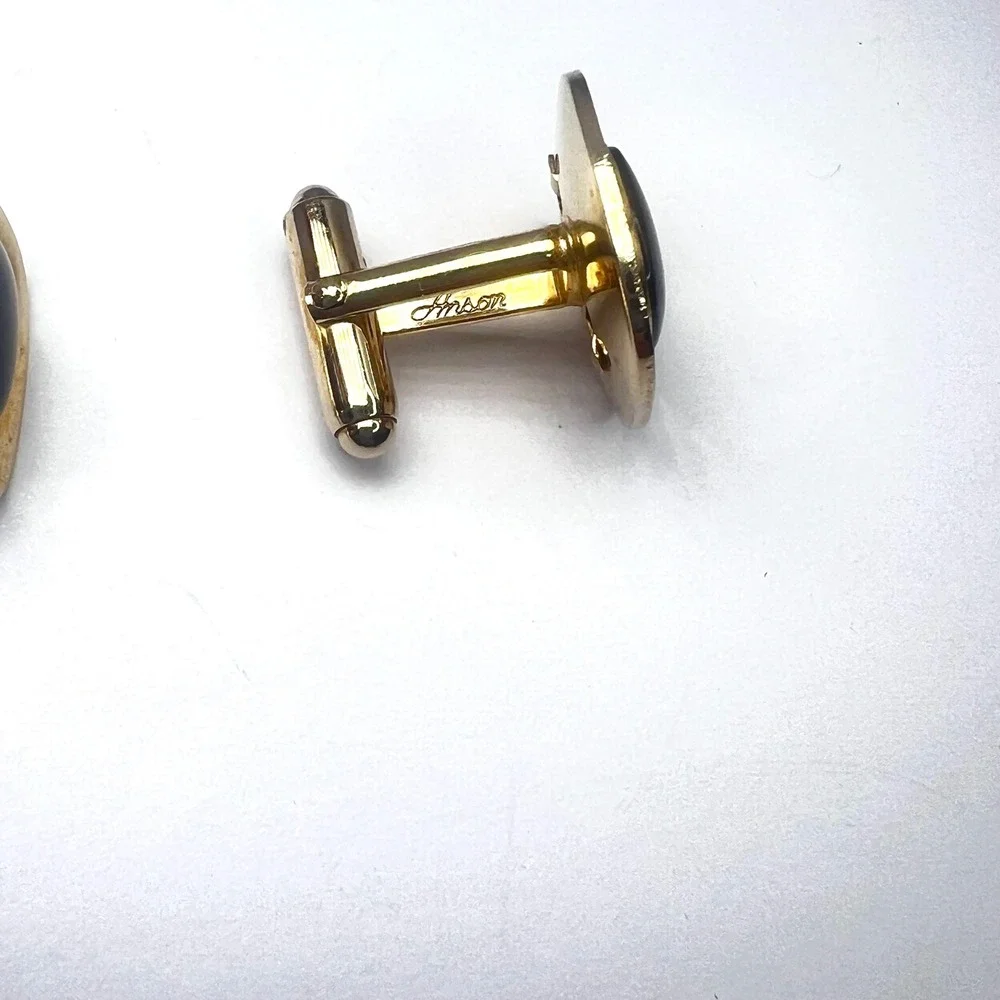 Vintage Anson Onyx Cufflinks Gold Tone‎ Black Center Bullet Back Signed